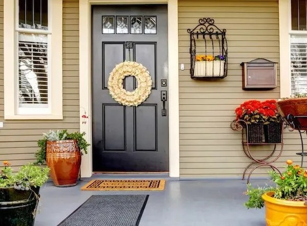 front of the house with door and plants